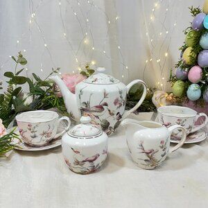 Grace Teaware Cottage Rose & Birds Garden Teapot Cups Sausers Sugar Creamer 7PC